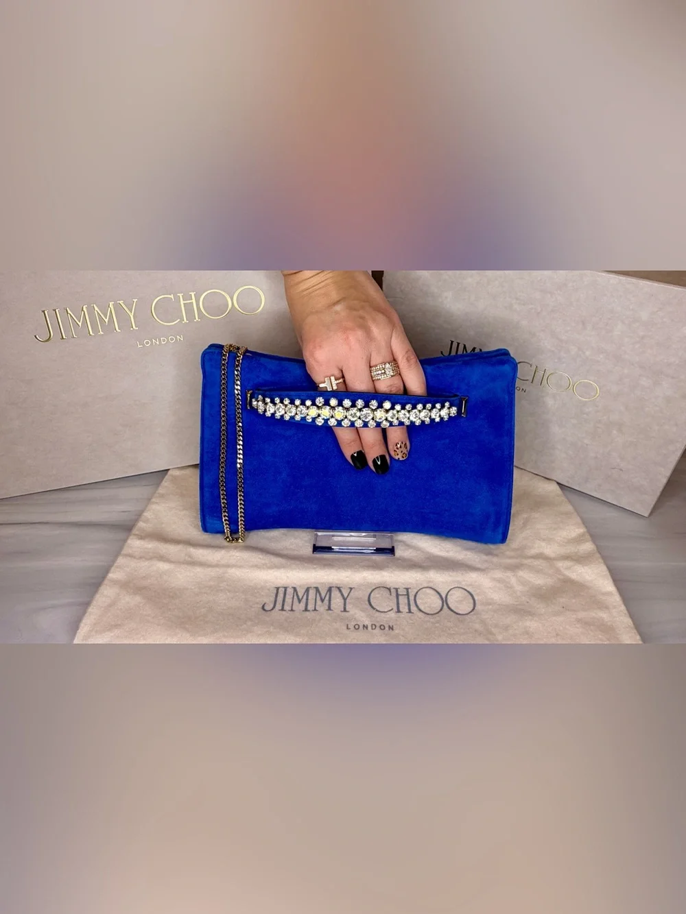 Jimmy Choo Venus Electric Blue Suede Crystal Shoulder Bag | Full Set | Like New